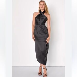 NWT Lulus Glamorous Desires Black Satin Sleeveless Halter Midi Dress Size M